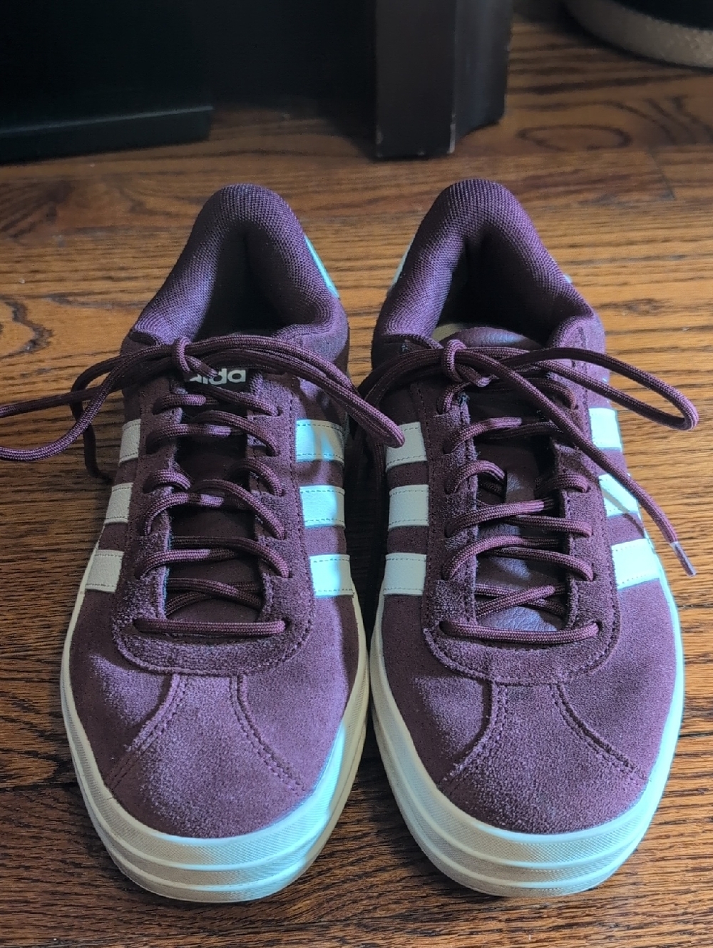 adidas Women's Plum Suede Sneakers with White Stripes